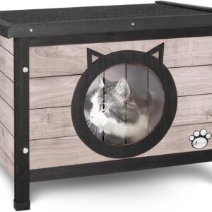 VOUNOT® Maison de chat en bois avec toit bitumé - Gris