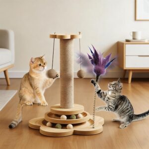 Jouet pour chat bois 4 en 1 – 50 cm, griffoir & jeu