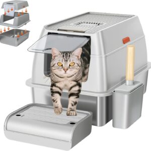 Litière acier inoxydable pour chat avec couvercle