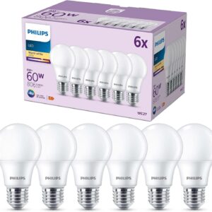 Pack 6 ampoules LED E27 Philips 60W blanc chaud
