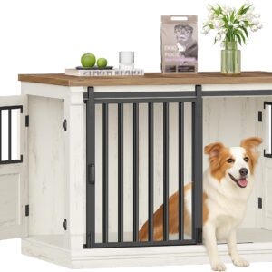 HEXCELEN Cage Chien 101cm, 3 Portes, Blanc & Marron