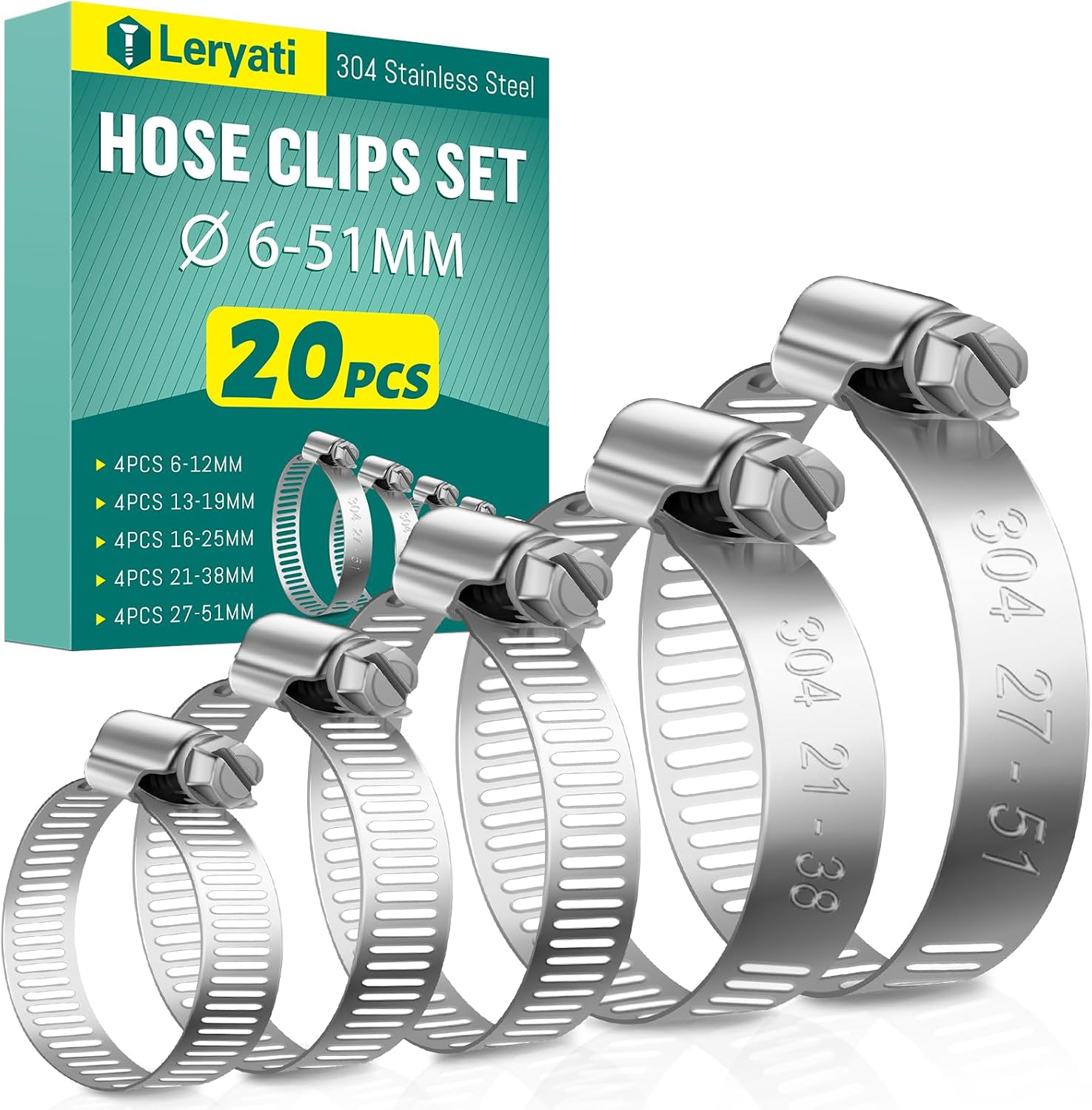 Collier de serrage inox 20pcs 5 tailles 6-51mm Leryati 304