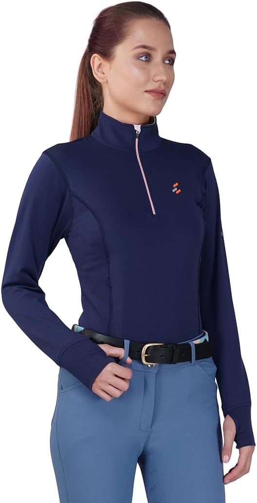 Preto Haut thermique équestre femme manches longues bleu marine/sorbet
