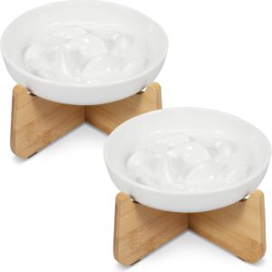 Lot 2 gamelles céramique anti-glouton + support bambou