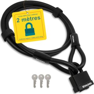 KOHLBURG antivol vélo 2 m – cadenas 3 clés & câble acier