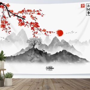 Tenture murale fleurs de cerisier LB – Décoration rouge & noir 200x150cm