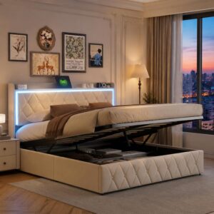LONELYO Lit Coffre 140x190 cm - Velours Beige & LED