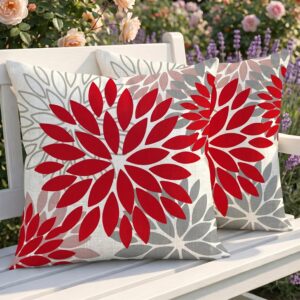 Lot 2 housses coussin extérieur 40x40 imperméables – Dahlias rouge/gris