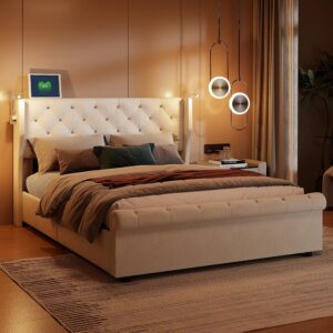 Lit double Julyue 140x190 cm avec rangement & USB