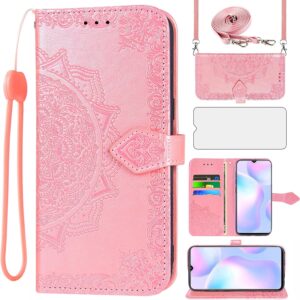 Coque Redmi 9A/9i avec verre trempé et support portefeuille - Rose Mandala